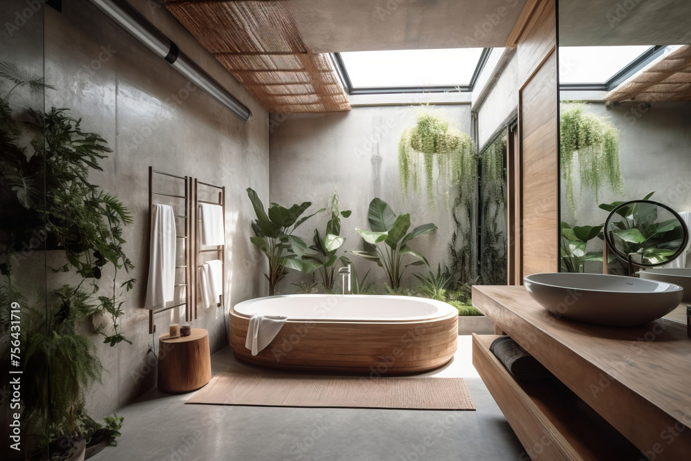 A modern bathroom oasis, with a freestanding tub and a view of lush greenery, invites relaxation in a bath of sunlight.