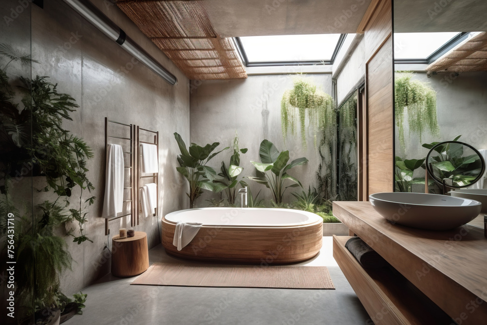 A modern bathroom oasis, with a freestanding tub and a view of lush greenery, invites relaxation in a bath of sunlight. A modern bathroom oasis, with a freestanding tub and a view of lush greenery, invites relaxation in a bath of sunlight.
