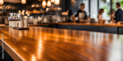 countertop  with a blurred people or bokeh background of modern cafe.