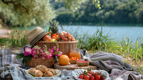 picnic in a beautiful lake with wicker basket 