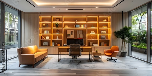 Modern workspace with builtin shelves cozy seating and serene atmosphere . Concept Modern Workspace, Built-in Shelves, Cozy Seating, Serene Atmosphere