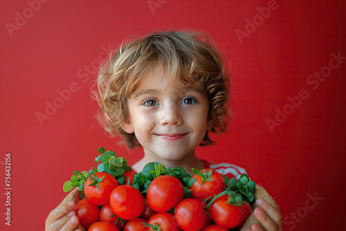 happy kid boy child hold in hands a basket of harvest of tomatoes on red background. Baby healthy nutrition food © alexkoral