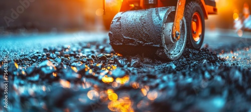 Asphalt paver machine laying hot asphalt on fresh new road surface during construction work photo