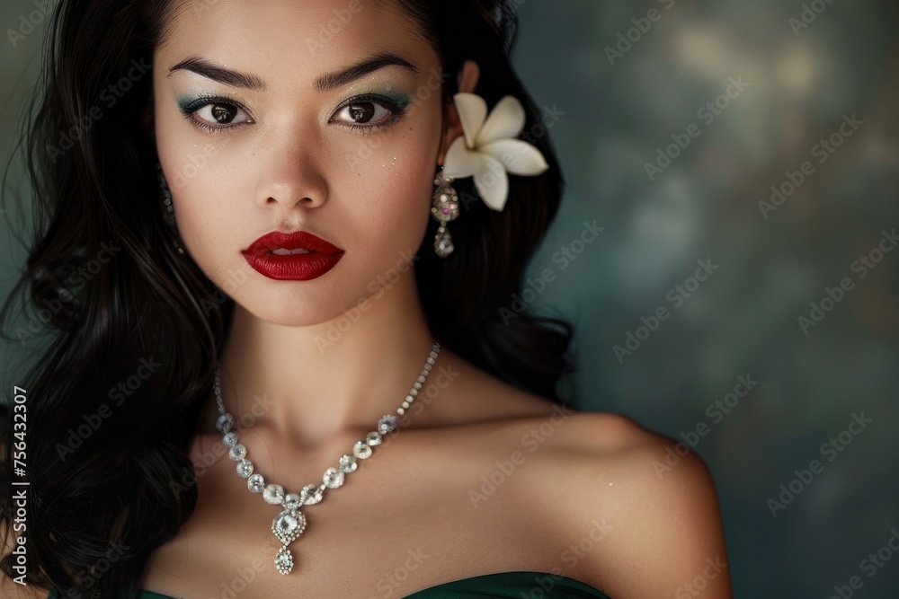 South Asian goddess inspired portrait, high-gloss cinematic style with dramatic lighting and elegant jewelry.
