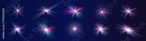 Rainbow crystal star. Crystal ray light, sun shines rainbow red yellow and blue color. Optical fire light effect. Vector lens glare leakage glare reflection effect. Sparkle shine. Sunlight 