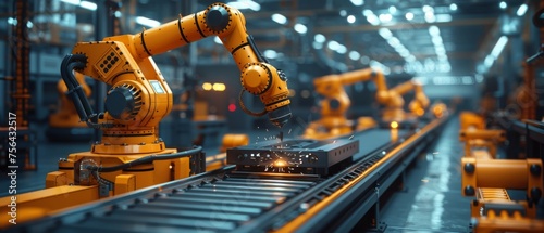 Welding robotics and digital manufacturing operations managed by a manager engineer on a real-time monitoring software system in an intelligent factory.