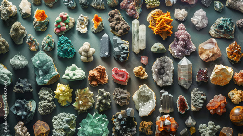 Top view of a large geological collection of semi-precious stones, stones and minerals. Dark background. Generative AI