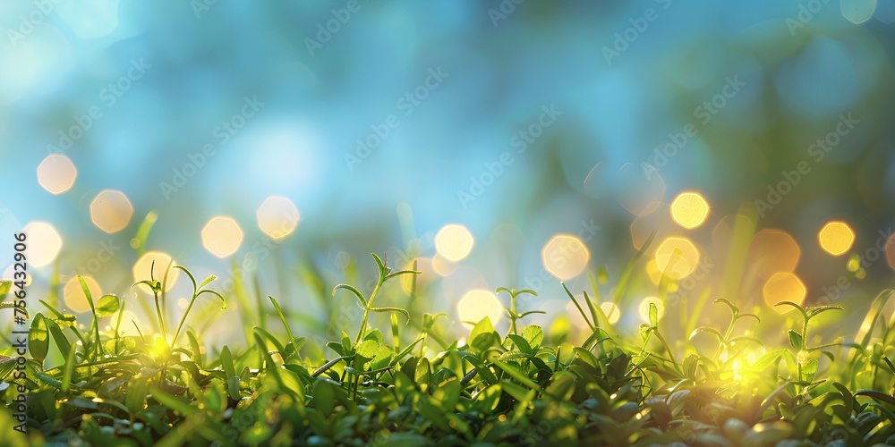 Green grass on a blue sky background with lights bokeh background