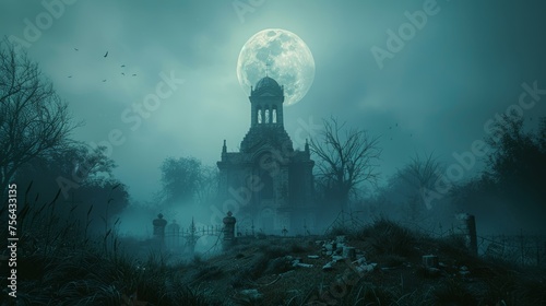 The graveyard at night contains three-dimensional illustrations of a moon, clouds, and bats