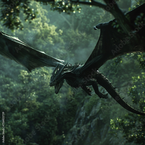 a black dragon flies over the green forest. fantastic dragon. mystical reptile. still from the movie