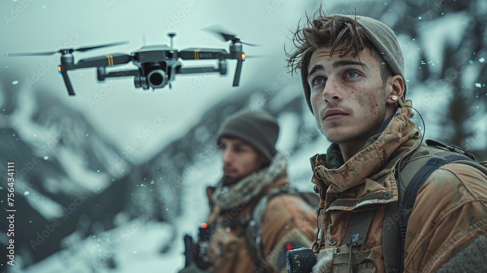 military soldiers operate a drone. FPV drone. military soldiers operate a drone. FPV drone.