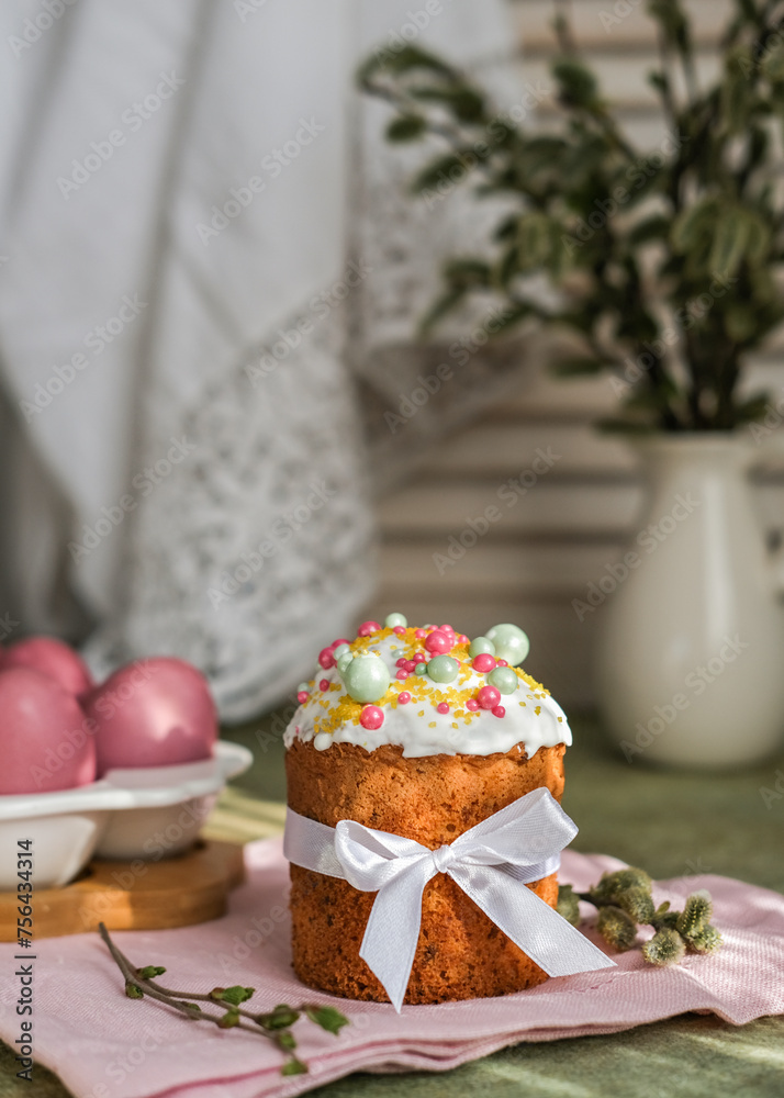 Easter cake and painted Easter eggs