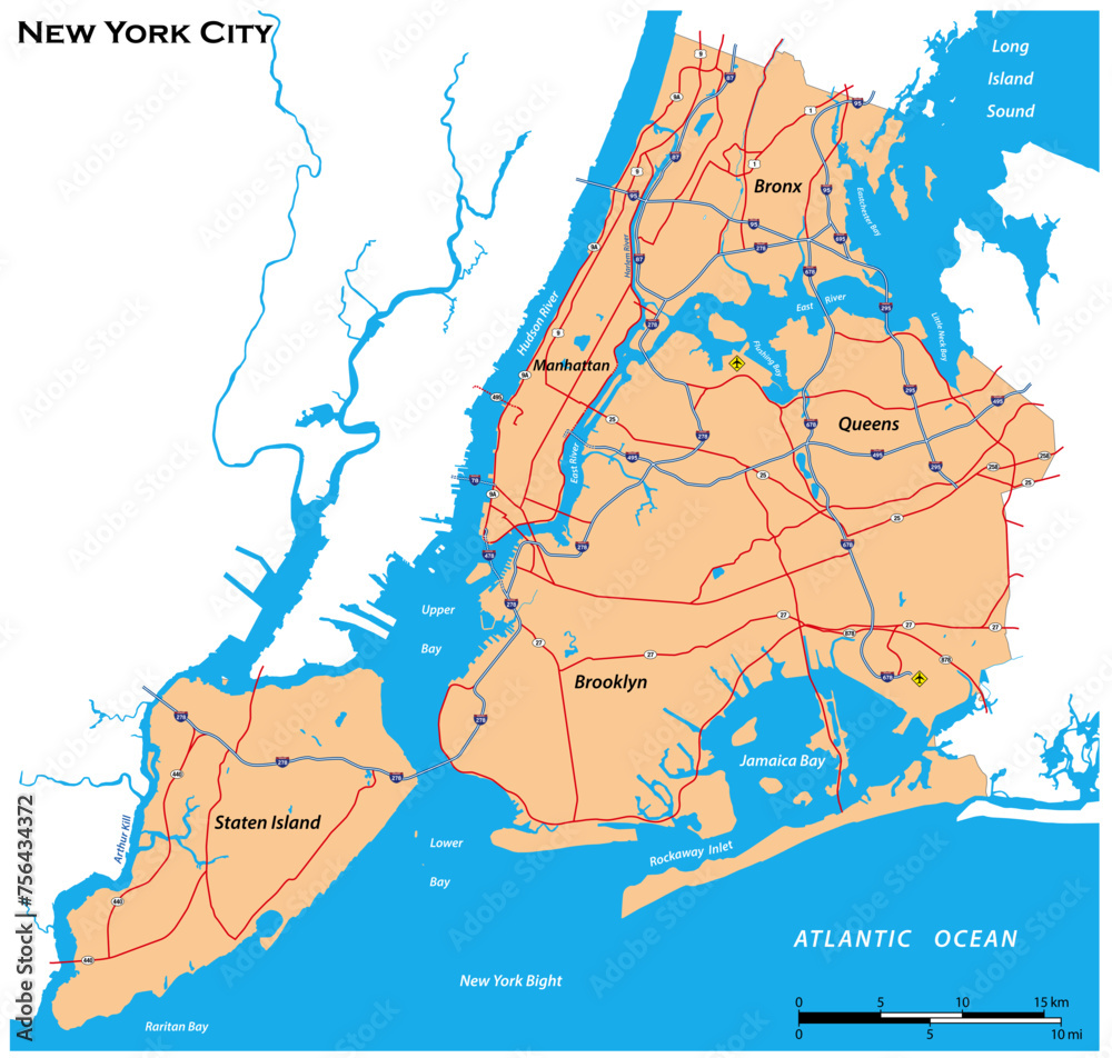 Simple overview map of New York City, United States