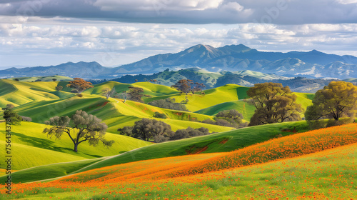 The setting sun bathes rolling hills adorned with a rich tapestry of wildflowers in a warm, golden light, highlighting nature's splendor.