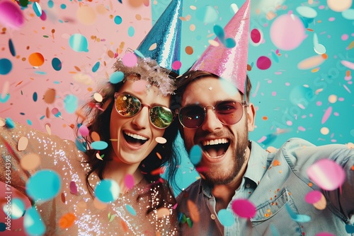 couple wearing party hats and festive glitter clothes and glitter party glasses on a pastel background with confetti