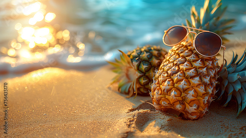 pineapples in stylish sunglasses . Tropical summer vacation concept. family holiday. Happy sunny day on the beach of tropical island 