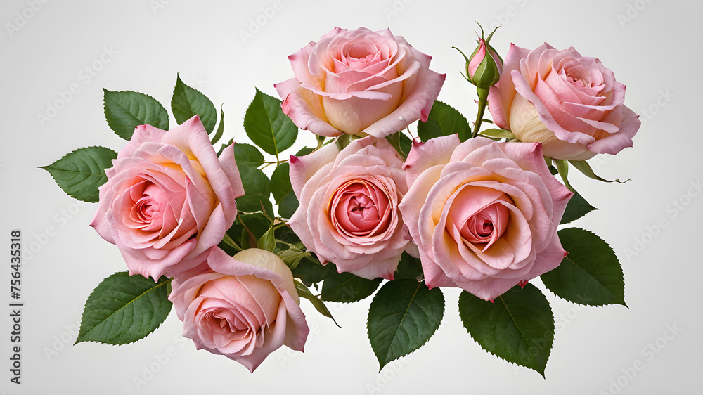 Set of beautiful pink roses in full bloom, with soft petals and green leaves, white background