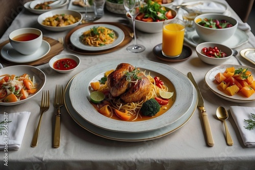 Dining Table Ready to Eat with Various Dishes and Cutlery