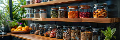 Organized storage solutions in a stylish kitchen pantry, featuring neatly arranged shelves and containers for efficient home management and organization © Simo