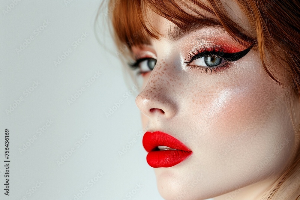 woman with red lipstick on her lips, modern makeup, on white background woman with red lipstick on her lips, modern makeup, on white background