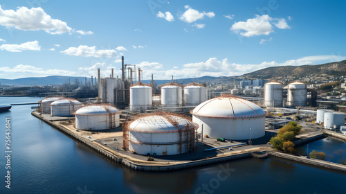 Aerial view oil terminal storage tank, White oil tank storage chemical petroleum petrochemical refinery product at oil terminal, Business commercial trade fuel energy transport