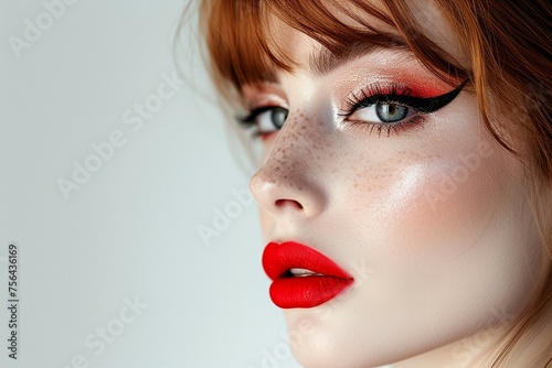 woman with red lipstick on her lips  modern makeup  on white background