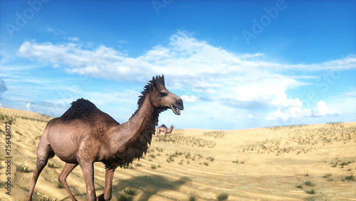 Camel walking in desert. Sahara. 3d rendering.