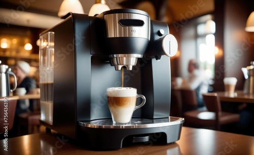 Modern black coffee machine pouring cuppuccino coffee in a coffee shop 