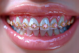 Close-up of a beautiful girl at the dentist examining dental braces
