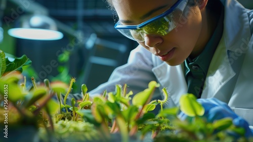 Scientist examines carnivorous plants in lab