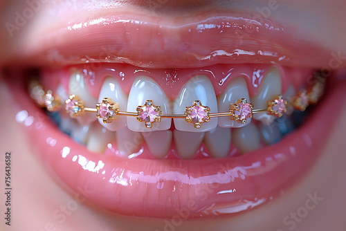 Close-up of a beautiful girl at the dentist examining dental braces 