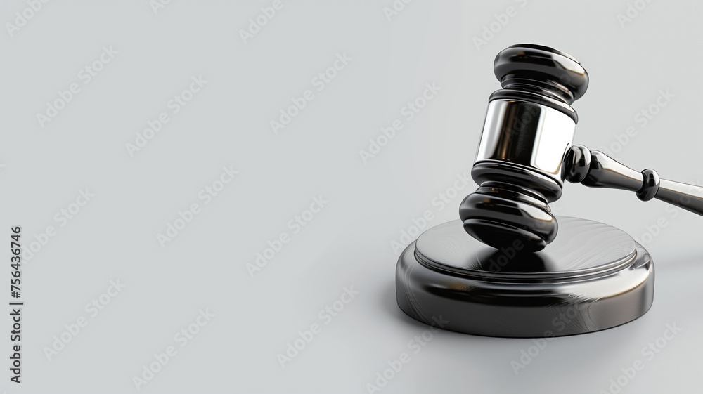 Modern gavel on reflective surface, justice concept