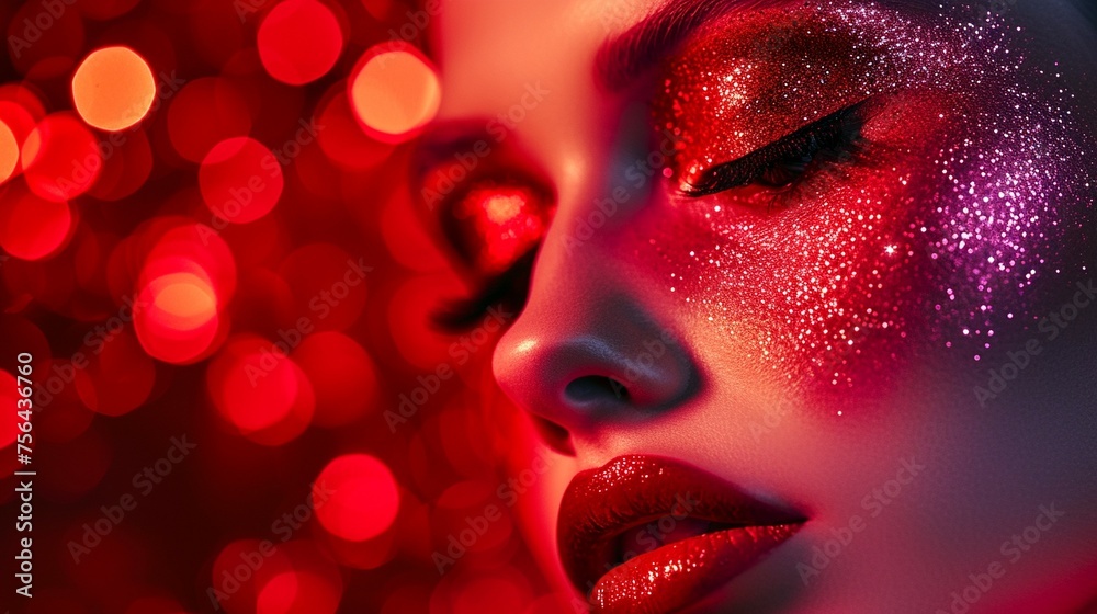 Fototapeta premium Close-up of a womans face adorned with shimmering glitter, enhancing her features and adding a touch of sparkle.