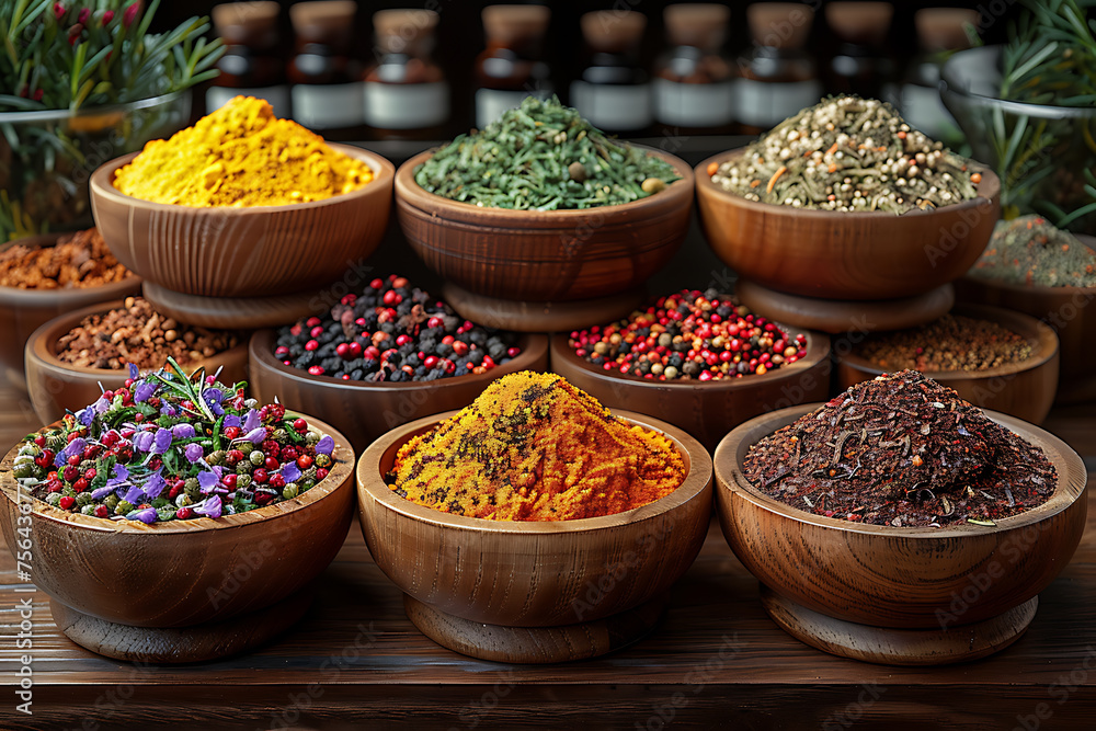 Fototapeta premium different spices in wooden plates