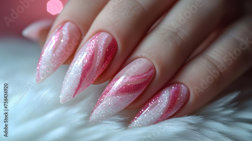 Pink glitter manicure. The manicure brush does not wear nail polish.