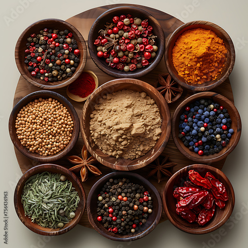 different spices in wooden plates