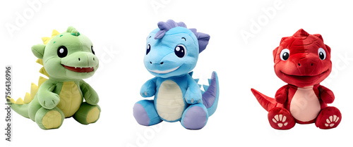 Stuffed Animal Toy Set of Colorful Dino Dinosaur in a Cartoon 3D Illustration, Isolated on Transparent Background, PNG