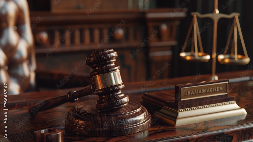 Elegant wooden gavel on desk with scales of justice