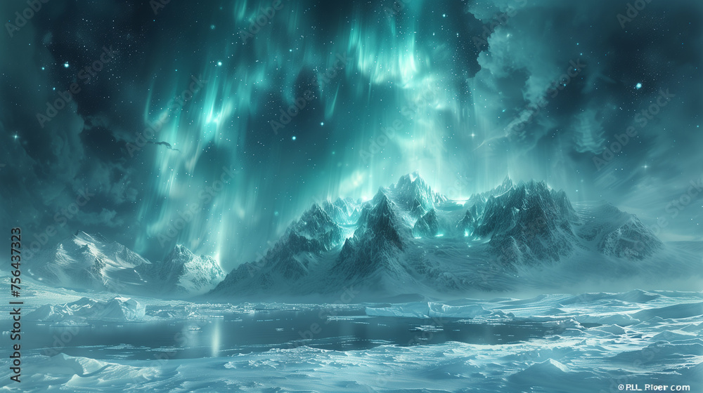 Polar lights dance across the starry sky, casting an ethereal glow over the icy, rugged mountains and frozen terrain of the Arctic.