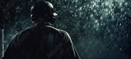 Baseball player in dark field raining, nighter in the rain, decisive moment.  photo
