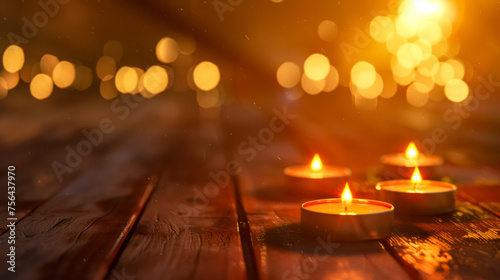 Warm candlelight glow on wooden table
