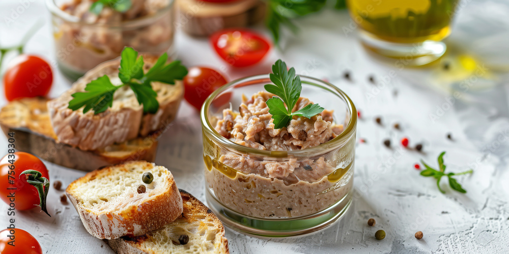 dry tuna pate, in glassware with little toasts and olive oil rosemary on a light background dry tuna pate, in glassware with little toasts and olive oil rosemary on a light background