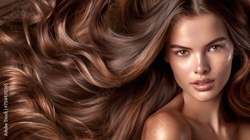 Stylish brunette with long hair on dark background beauty, health, and hair care concept for ads.