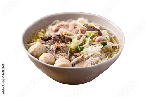 Thai rice noodle soup with pork in bowl