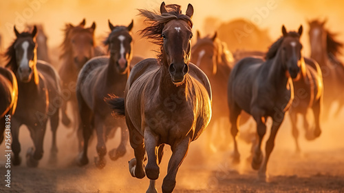 A herd of horses in a field runs in the dust at sunset  Generative AI