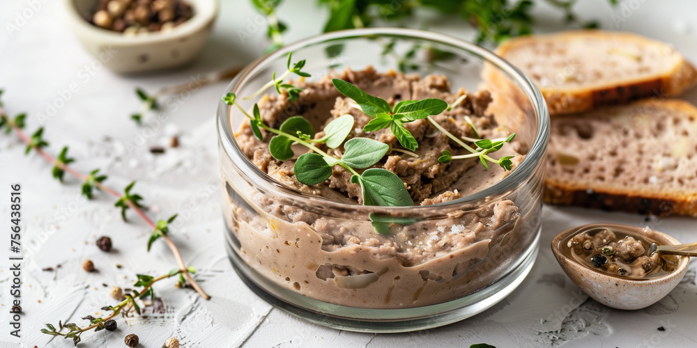 dry liver pate, in glassware with little toasts and olive oil rosemary oregano persey on a light background dry liver pate, in glassware with little toasts and olive oil rosemary oregano persey on a light background
