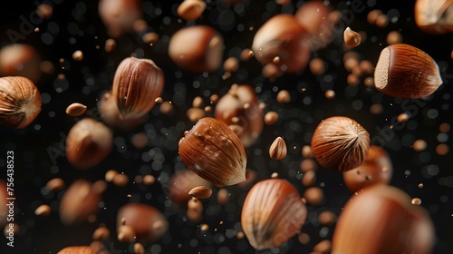 Elegant hazelnuts tumbling in the air on a dark background. close-up capture of nuts mid-fall, showcasing dynamic movement and detail. perfect for culinary and food-related themes. AI