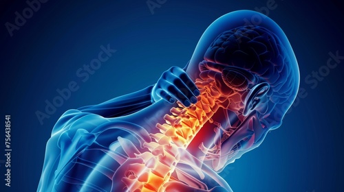 Neck pain, illustration of cervical spine skeleton x-ray, medical concept. © AIExplosion