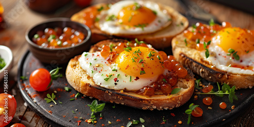 Sunny side eggs on toast slices with orange caviar as a luxory breakfast