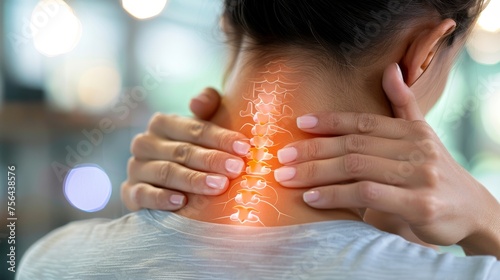 Woman with neck pain - highlighted part of the spine. © AIExplosion